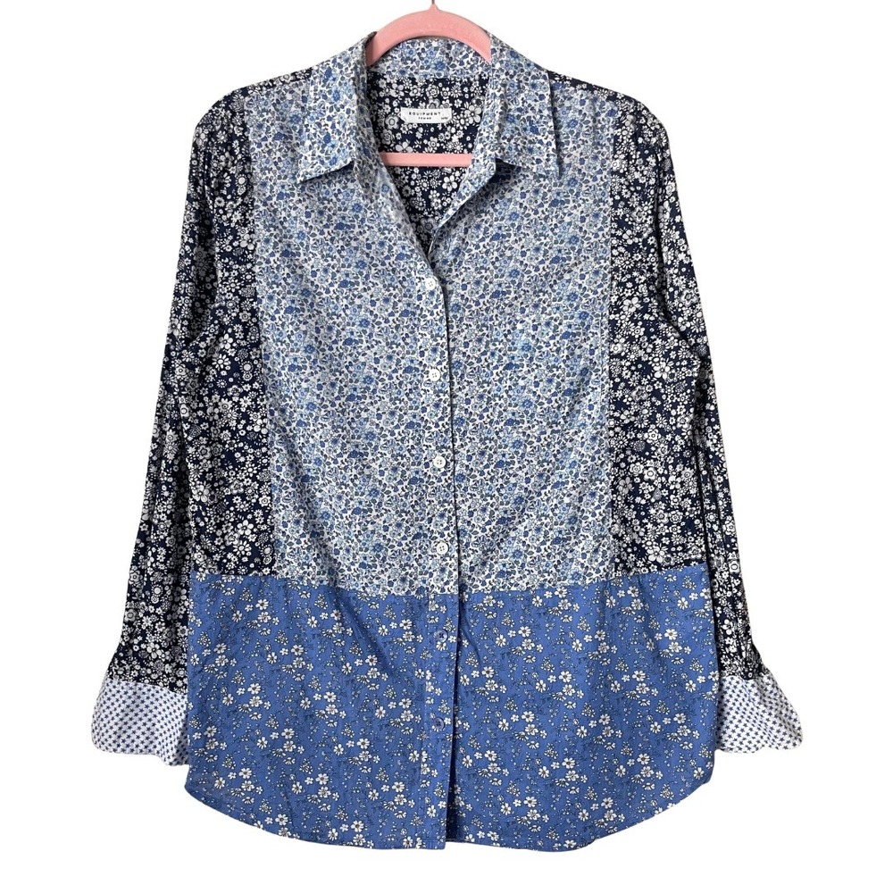 Equipment Femme Top Womens Medium Blue Floral Patchwork Cotton Button Down Shirt
